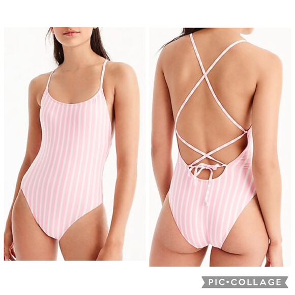 J. Crew Other - J.Crew Lace-up Back One-Piece Swimsuit Pink & White Stripes Size 16